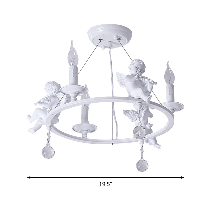 Stylish White Metal Ring & Candle Chandelier With Angel Villa Hanging Light