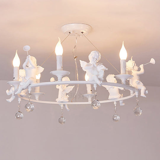 Stylish White Metal Ring & Candle Chandelier With Angel Villa Hanging Light