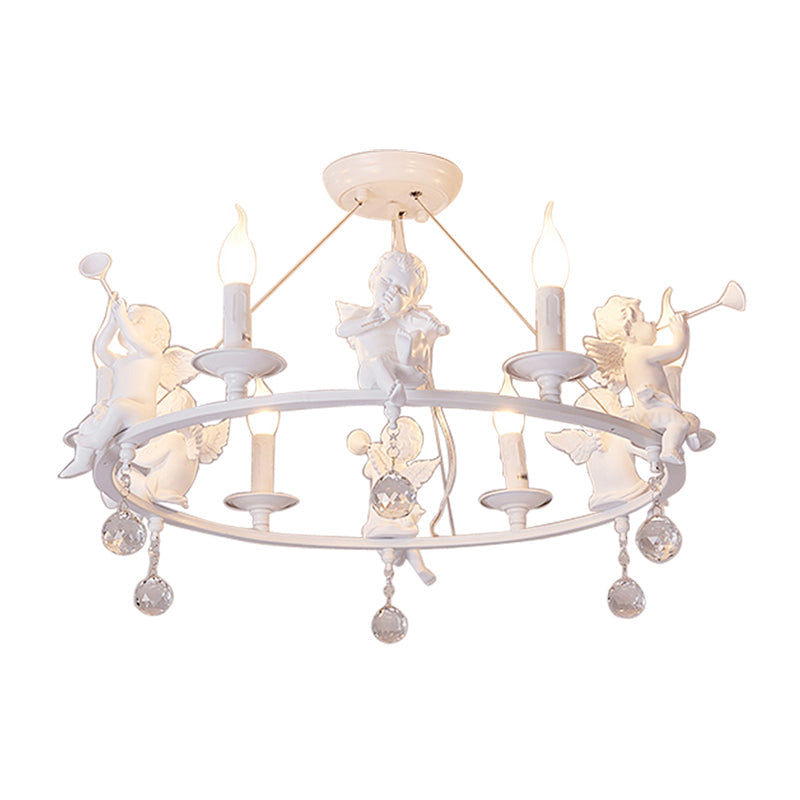 Stylish White Metal Ring & Candle Chandelier With Angel Villa Hanging Light