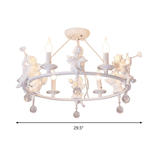 Stylish White Metal Ring & Candle Chandelier With Angel Villa Hanging Light