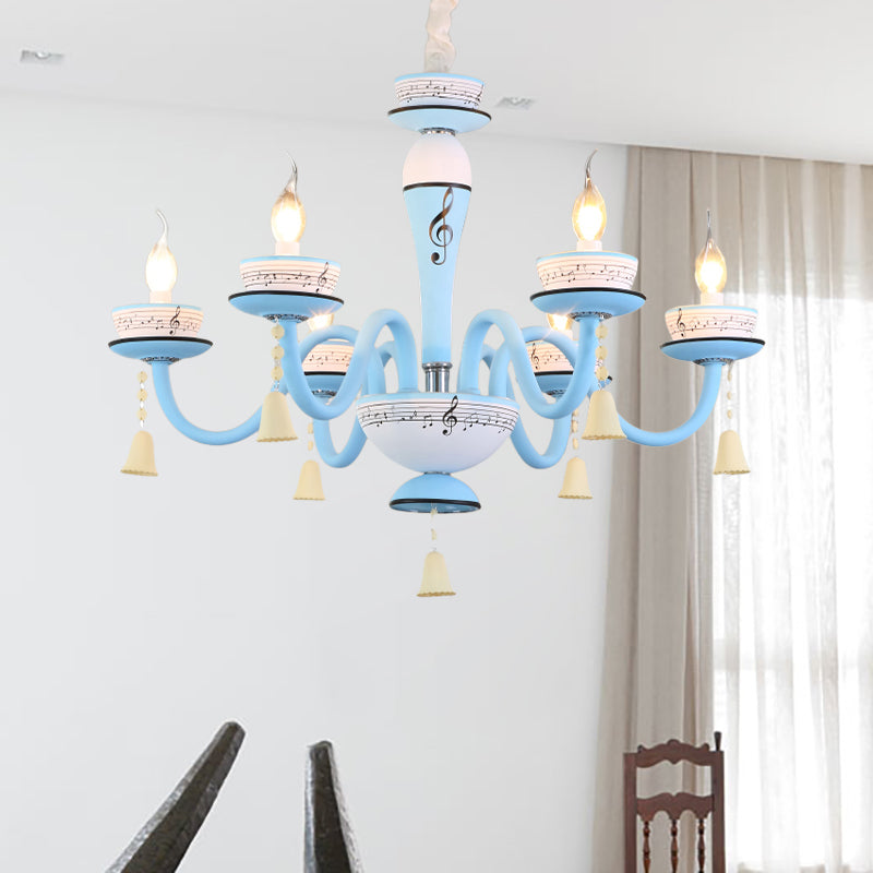 Childs Bedroom Candle Suspension Light: Musical Note Cartoon Glass Chandelier With Little Bell