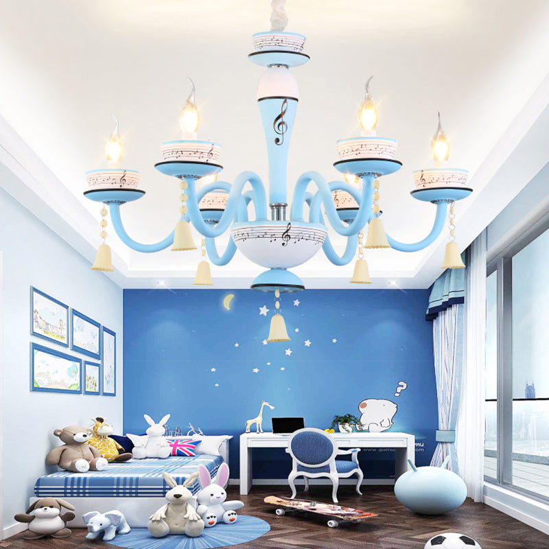 Childs Bedroom Candle Suspension Light: Musical Note Cartoon Glass Chandelier With Little Bell