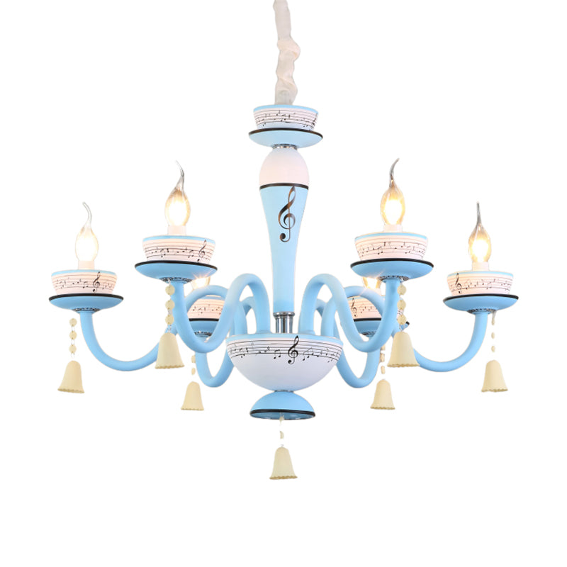 Childs Bedroom Candle Suspension Light: Musical Note Cartoon Glass Chandelier With Little Bell