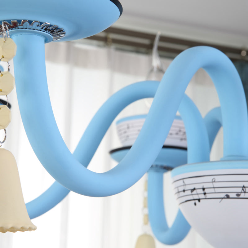 Childs Bedroom Candle Suspension Light: Musical Note Cartoon Glass Chandelier With Little Bell