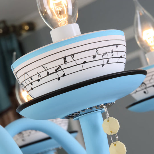 Childs Bedroom Candle Suspension Light: Musical Note Cartoon Glass Chandelier With Little Bell