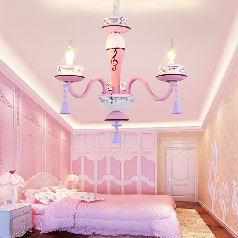 Childs Bedroom Candle Suspension Light: Musical Note Cartoon Glass Chandelier With Little Bell