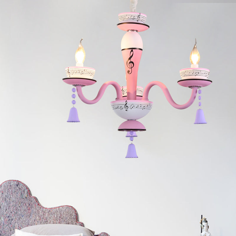 Childs Bedroom Candle Suspension Light: Musical Note Cartoon Glass Chandelier With Little Bell