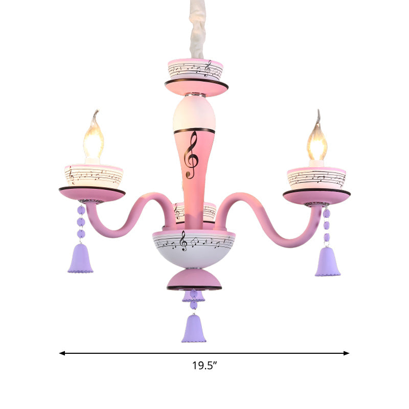 Childs Bedroom Candle Suspension Light: Musical Note Cartoon Glass Chandelier With Little Bell