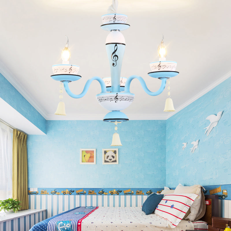 Childs Bedroom Candle Suspension Light: Musical Note Cartoon Glass Chandelier With Little Bell 3 /