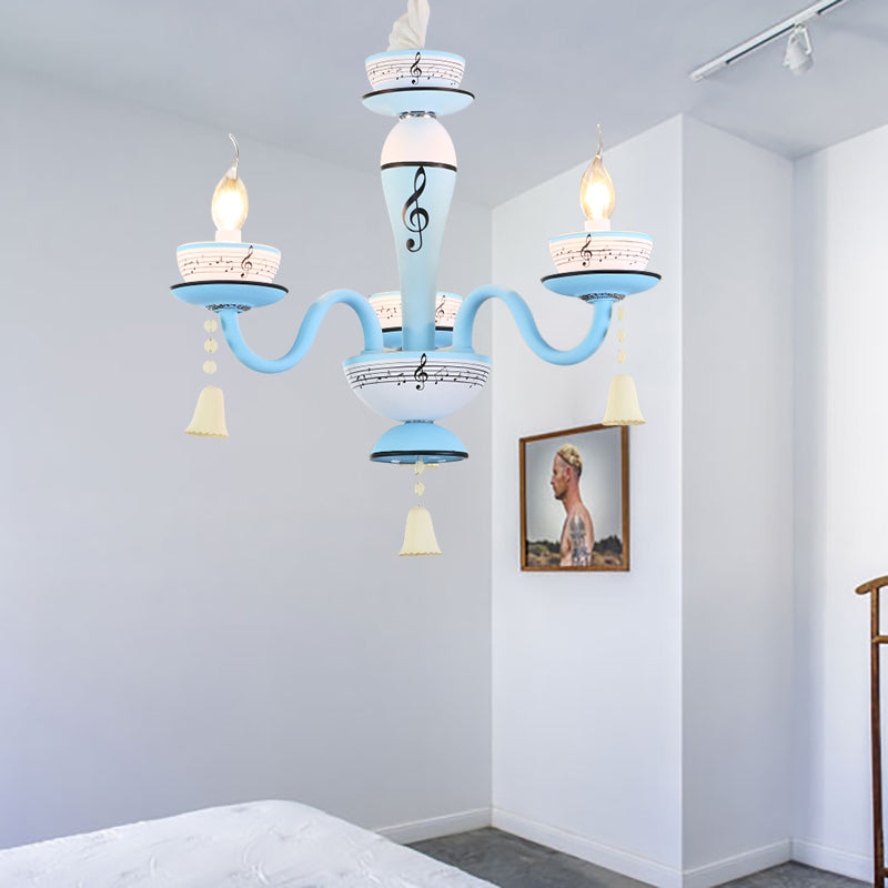 Childs Bedroom Candle Suspension Light: Musical Note Cartoon Glass Chandelier With Little Bell