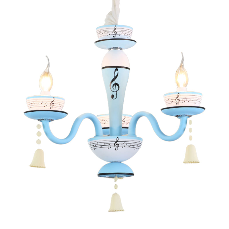 Childs Bedroom Candle Suspension Light: Musical Note Cartoon Glass Chandelier With Little Bell