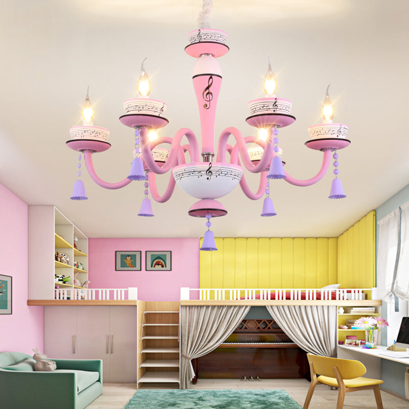 Childs Bedroom Candle Suspension Light: Musical Note Cartoon Glass Chandelier With Little Bell