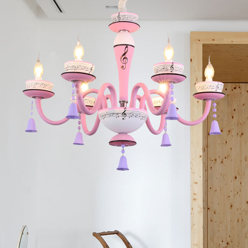 Childs Bedroom Candle Suspension Light: Musical Note Cartoon Glass Chandelier With Little Bell