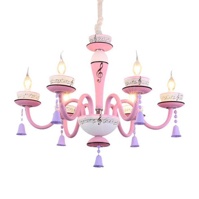 Childs Bedroom Candle Suspension Light: Musical Note Cartoon Glass Chandelier With Little Bell