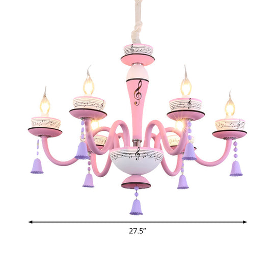 Childs Bedroom Candle Suspension Light: Musical Note Cartoon Glass Chandelier With Little Bell