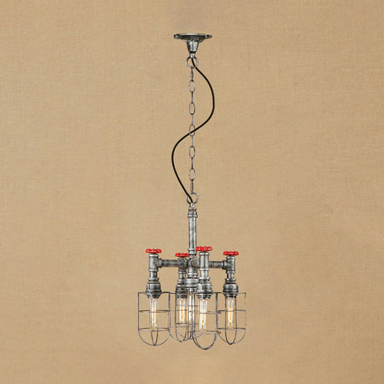 Rustic 5-Light Chandelier Lamp - Wire Frame, Red Valve Metal - Aged Silver/Bronze