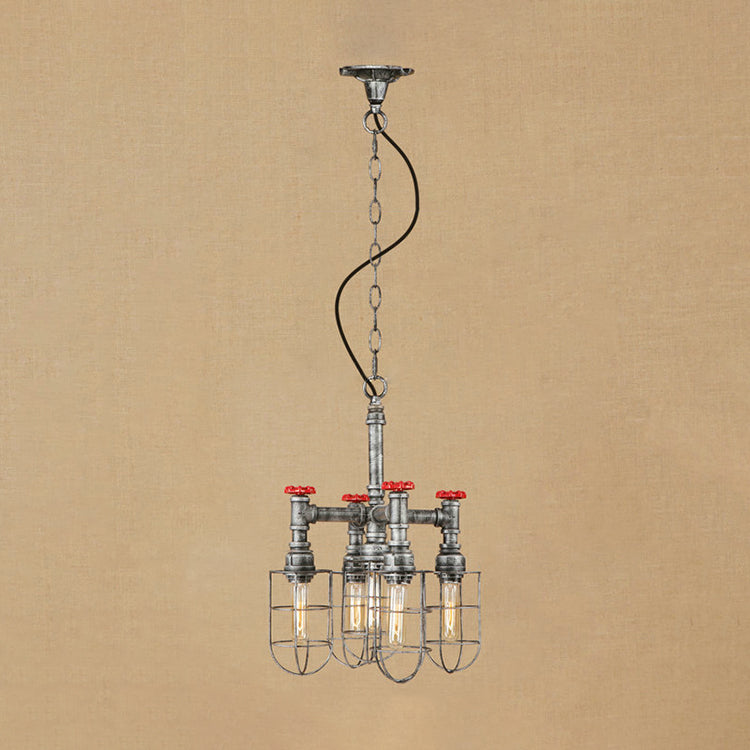 5-Light Chandelier Lamp With Rustic Wire Frame And Red Valve Metal Indoor Pendant Light Fixture In