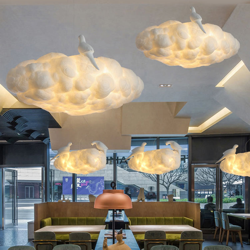 Cloud Kindergarten Chandelier: Bird Cotton Hanging Light Contemporary Design In White