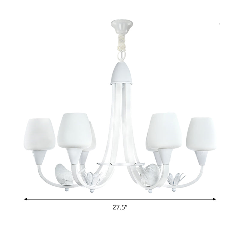 Modern Milk Glass Bud Chandelier With Bird Deco - 6 White Lights For Living Room