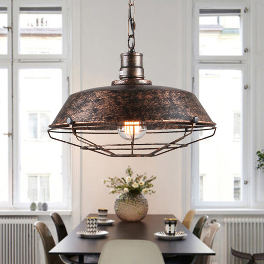 Single Pendant Light Kit with Tapered Cage in Black/Rust - Available in 3 Sizes (10"/14"/18")