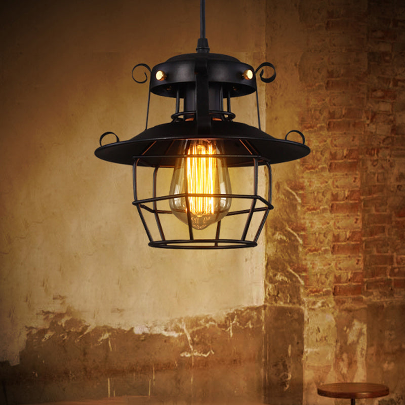 Rustic Black Wire Cage Pendant - 1-Bulb Ceiling Hanging Lantern for Dining Room Down Lighting