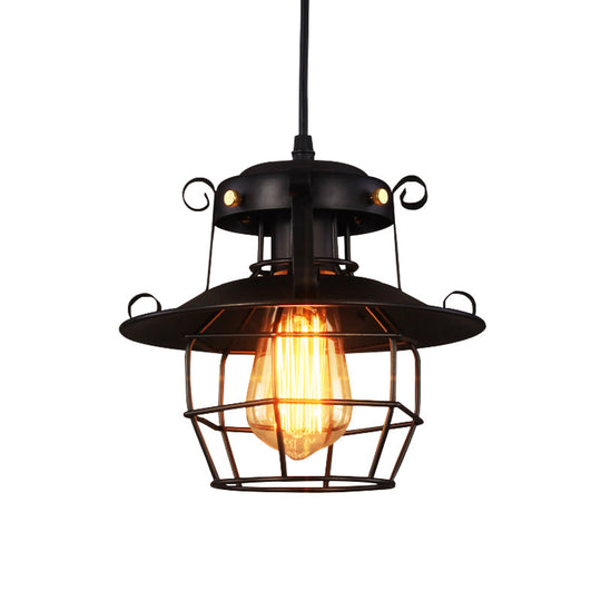 Rustic Black Wire Cage Pendant - 1-Bulb Ceiling Hanging Lantern for Dining Room Down Lighting