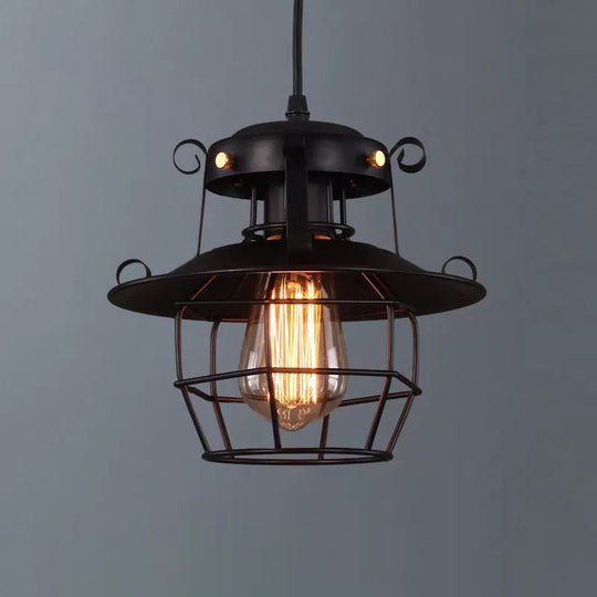 Rustic Black Wire Cage Pendant - 1-Bulb Ceiling Hanging Lantern for Dining Room Down Lighting