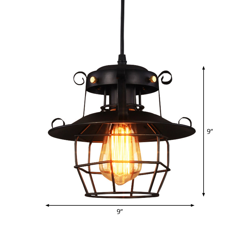 Rustic Black Wire Cage Pendant - 1-Bulb Ceiling Hanging Lantern for Dining Room Down Lighting