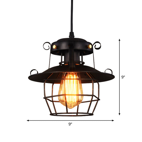 Rustic Black Wire Cage Pendant - 1-Bulb Ceiling Hanging Lantern for Dining Room Down Lighting