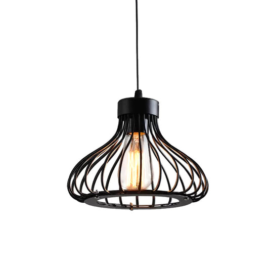 Rustic 1-Light Iron Ceiling Pendant Lamp in Black - Cone/Oval/Globe Suspended Lighting for Dining Room