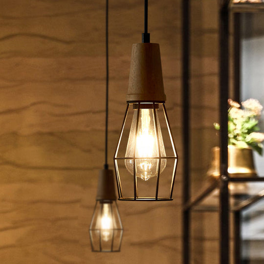 Rustic Iron Cage/Barn/Pot Shaped Pendant Light with Wood Socket - Black, 1-Bulb - Perfect for Restaurants!