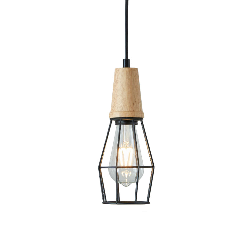 Rustic Iron Cage/Barn/Pot Shaped Pendant Light with Wood Socket - Black, 1-Bulb - Perfect for Restaurants!