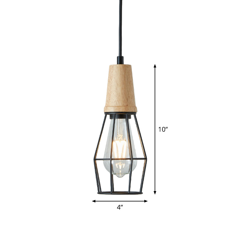 Rustic Iron Cage/Barn/Pot Shaped Pendant Light with Wood Socket - Black, 1-Bulb - Perfect for Restaurants!