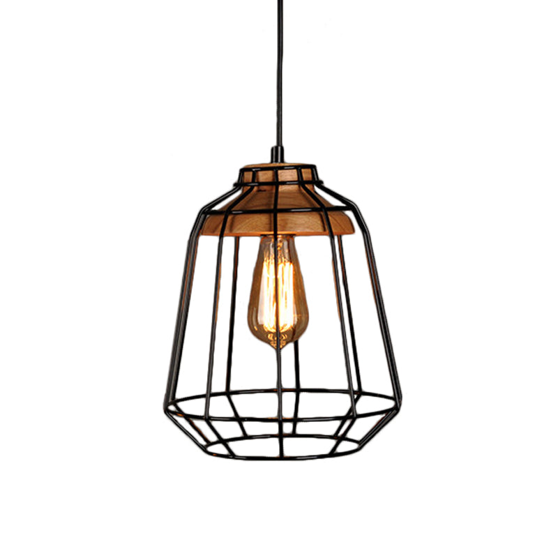 Rustic Iron Cage/Barn/Pot Shaped Pendant Light with Wood Socket - Black, 1-Bulb - Perfect for Restaurants!