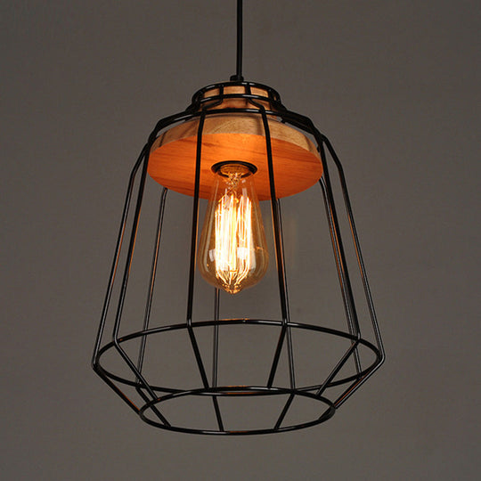 Rustic Iron Cage/Barn/Pot Shaped Pendant Light with Wood Socket - Black, 1-Bulb - Perfect for Restaurants!