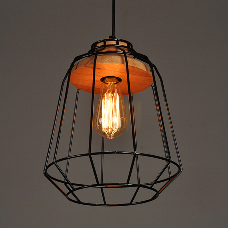 Rustic Iron Pendant Light - Black Cage/Barn/Pot Shaped 1 Bulb Restaurant Hanging Ceiling With Wood