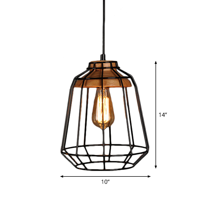 Rustic Iron Cage/Barn/Pot Shaped Pendant Light with Wood Socket - Black, 1-Bulb - Perfect for Restaurants!