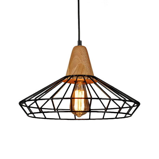 Rustic Iron Cage/Barn/Pot Shaped Pendant Light with Wood Socket - Black, 1-Bulb - Perfect for Restaurants!