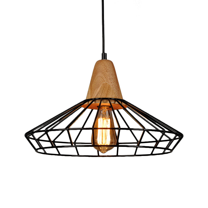 Rustic Iron Pendant Light - Black Cage/Barn/Pot Shaped 1 Bulb Restaurant Hanging Ceiling With Wood