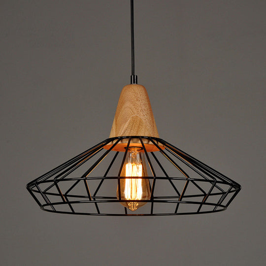 Rustic Iron Cage/Barn/Pot Shaped Pendant Light with Wood Socket - Black, 1-Bulb - Perfect for Restaurants!