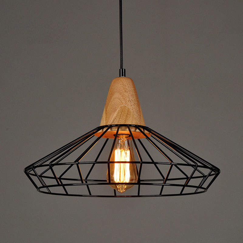 Rustic Iron Pendant Light - Black Cage/Barn/Pot Shaped 1 Bulb Restaurant Hanging Ceiling With Wood