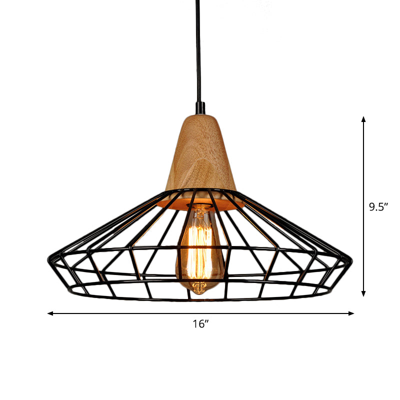 Rustic Iron Cage/Barn/Pot Shaped Pendant Light with Wood Socket - Black, 1-Bulb - Perfect for Restaurants!