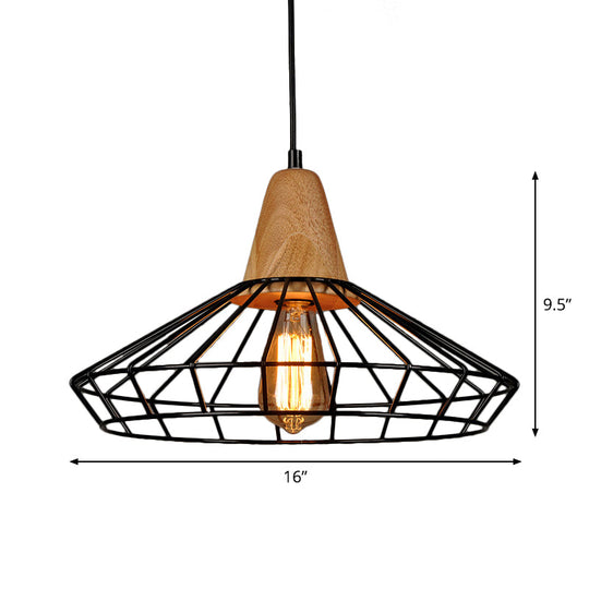 Rustic Iron Cage/Barn/Pot Shaped Pendant Light with Wood Socket - Black, 1-Bulb - Perfect for Restaurants!