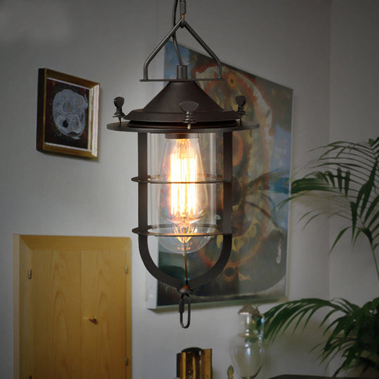 Vintage Black Pendant Light with Clear Glass Capsule and Cage for Dining Room