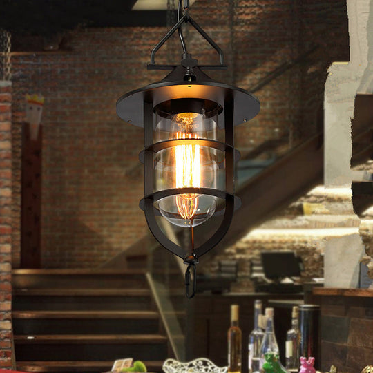 Vintage Black Pendant Light with Clear Glass Capsule and Cage for Dining Room