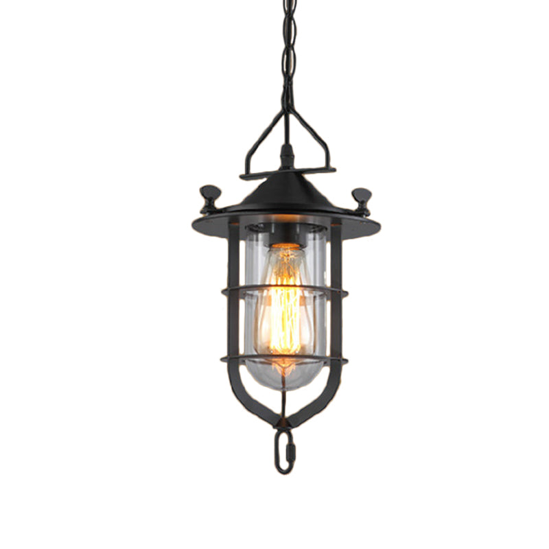 Vintage Black Pendant Light with Clear Glass Capsule and Cage for Dining Room