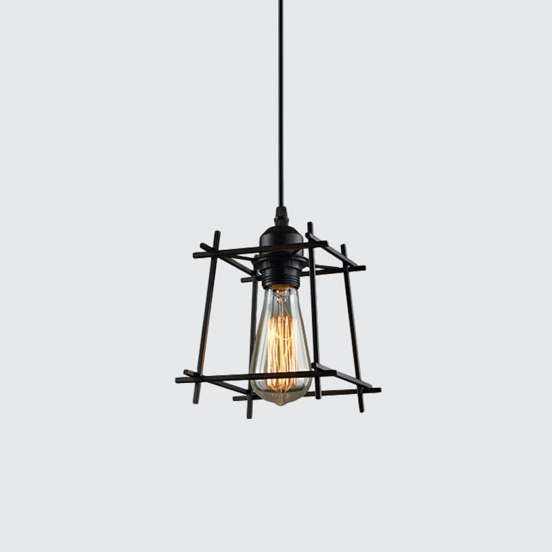 1-Light Rustic Suspension Lamp: Metal Black Trapezoid/Lotus Leaf Design, Perfect for Living Room