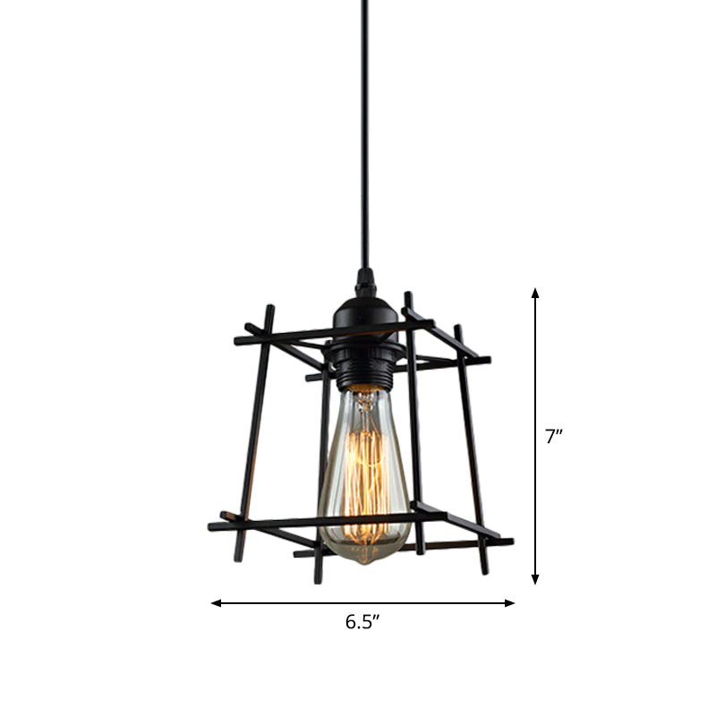 1-Light Rustic Suspension Lamp: Metal Black Trapezoid/Lotus Leaf Design, Perfect for Living Room