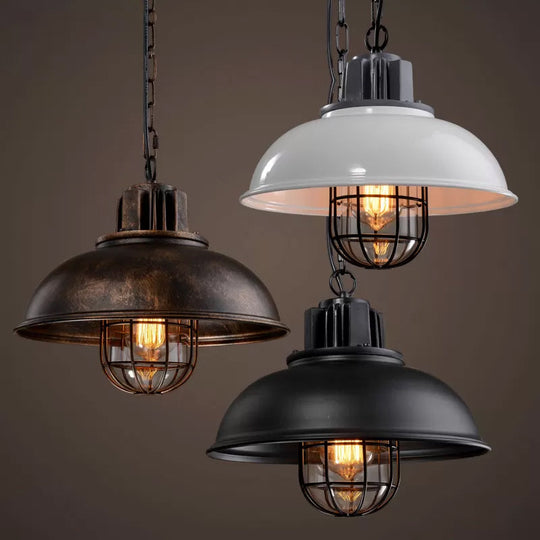 Bowl Bistro Hanging Light Kit - Rustic Iron Pendant Lamp With Cage And Inner Glass Shade