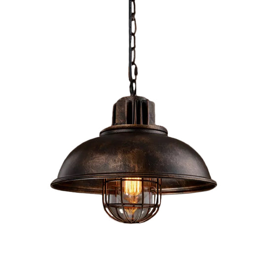 Country Iron 1-Light Pendant Lamp with Cage and Inner Glass Shade - Bowl Bistro Hanging Light Kit (Rust/White)